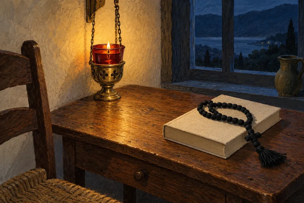 A prayer rope and ivory book sit beside a glowing oil lamp, with blue evening light at the window.