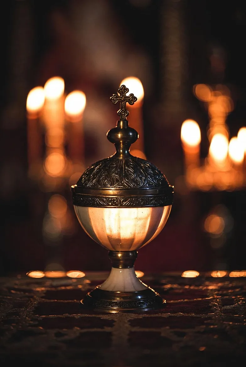 A small silver vessel with a cross on its lid, holding the holy oil used at Chrismation