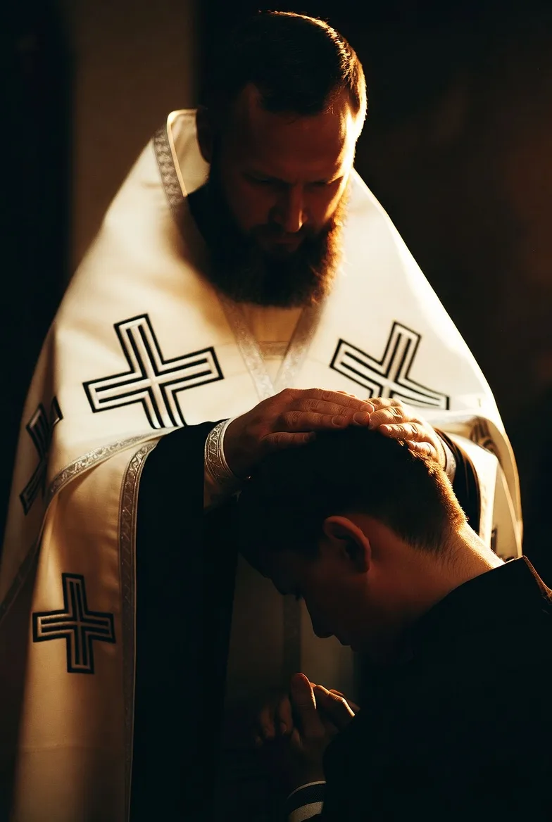 A clergyman in white robes with crosses lays his hands on the head of a man kneeling before him