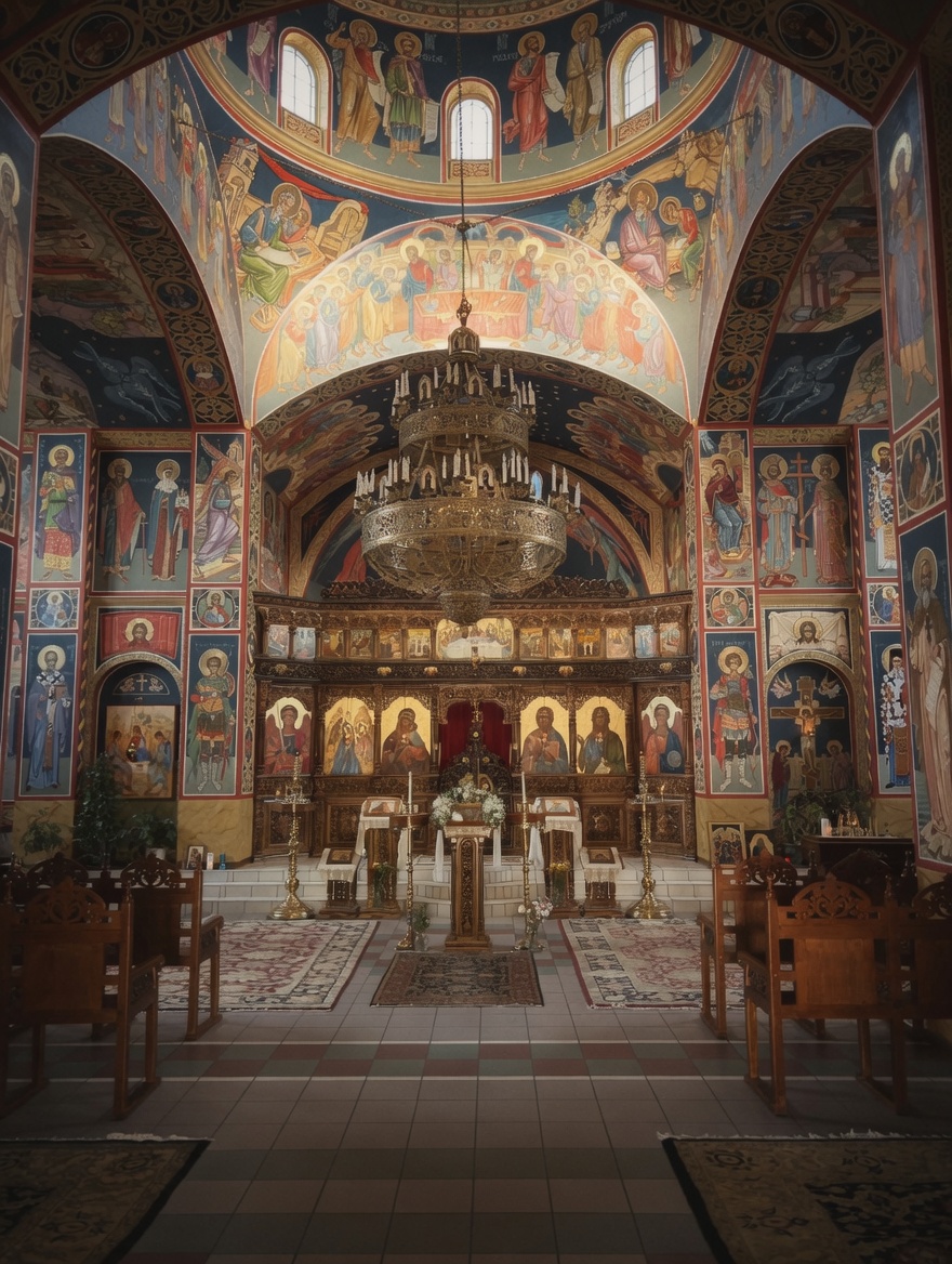 Orthodox church interior with icons and frescoes