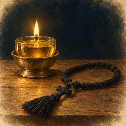 A lit oil lamp and a black knotted prayer rope on a dark wooden table