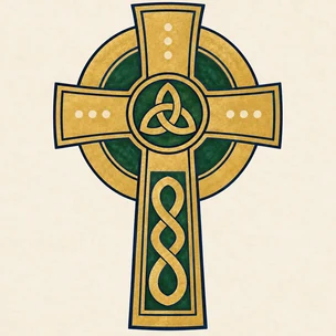 A Celtic cross in gold and green with a triquetra at its center, in the style of an illuminated manuscript