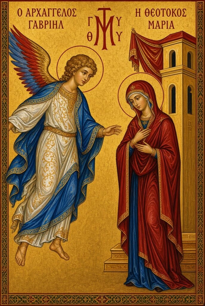 The Archangel Gabriel appearing to the Virgin Mary. Quiet, humble acceptance. Good placement near the beginning of the life section.