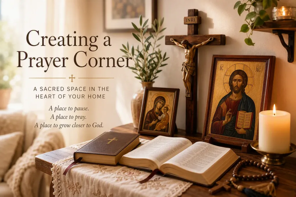 A small table with icons of Christ and the Mother of God, a cross, a candle and an open Bible, with the words: Creating a Prayer Corner. A sacred space in the heart of your home. A place to pause. A place to pray. A place to grow closer to God.