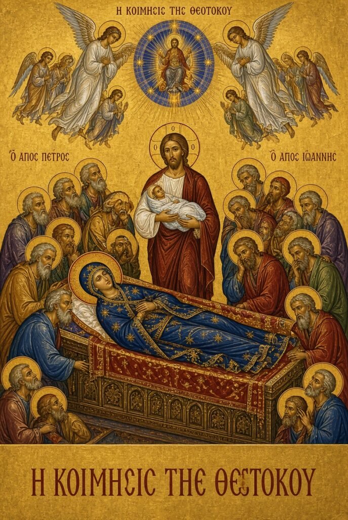 Christ receiving her pure soul while the Apostles gather. Beautiful and solemn — fits perfectly after the Dormition paragraph.