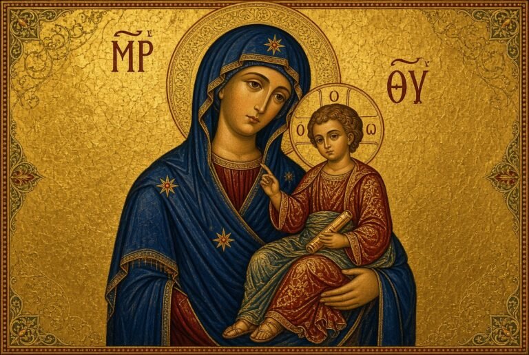 A classic Hodegetria-style Theotokos holding the Christ Child. Gold background, three stars on her maphorion, solemn and reverent. This one feels strongest as the main feature image.