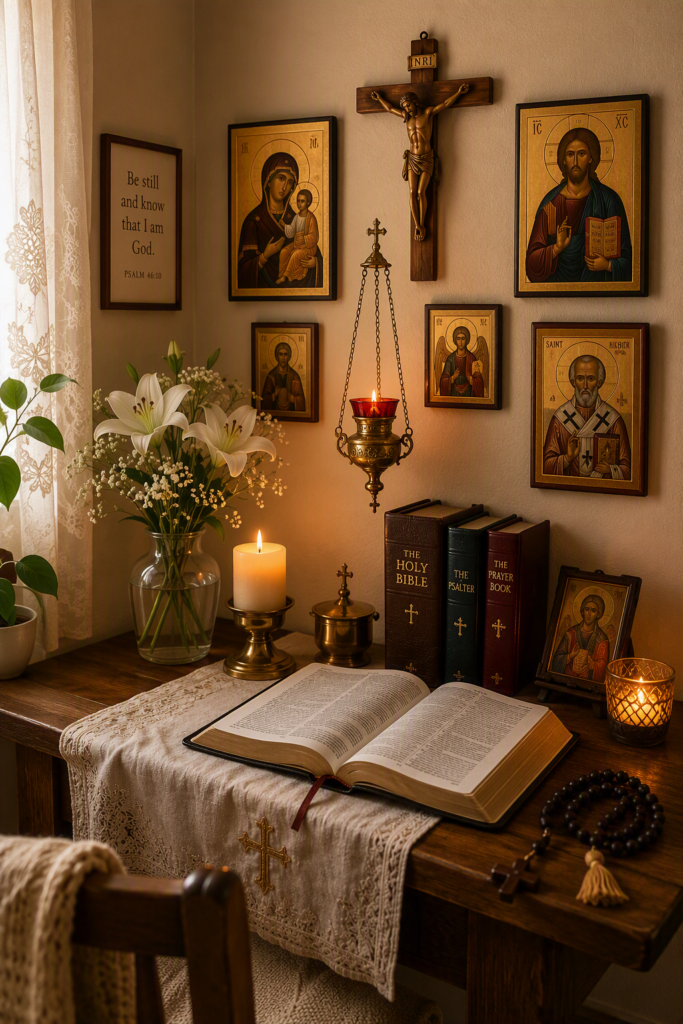 Prayer corner with crucifix, icons, bible, prologue and candles