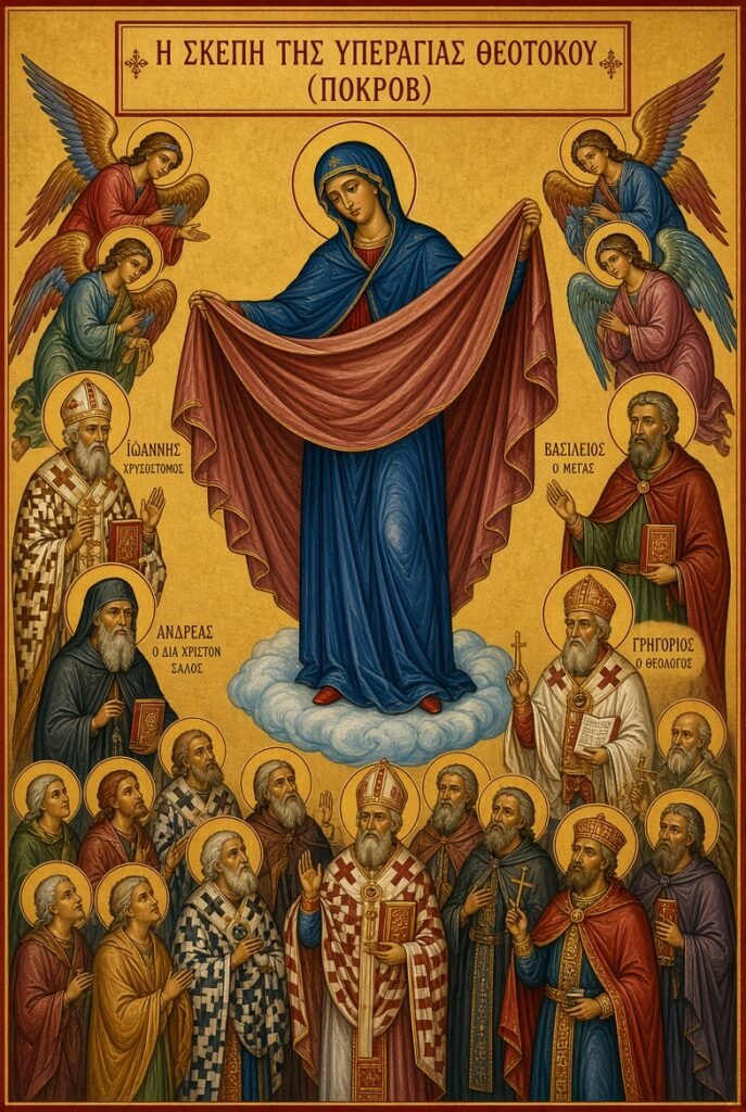 The Mother of God spreading her veil over the faithful. Strong visual for the part about her ongoing care and the historical miracles.