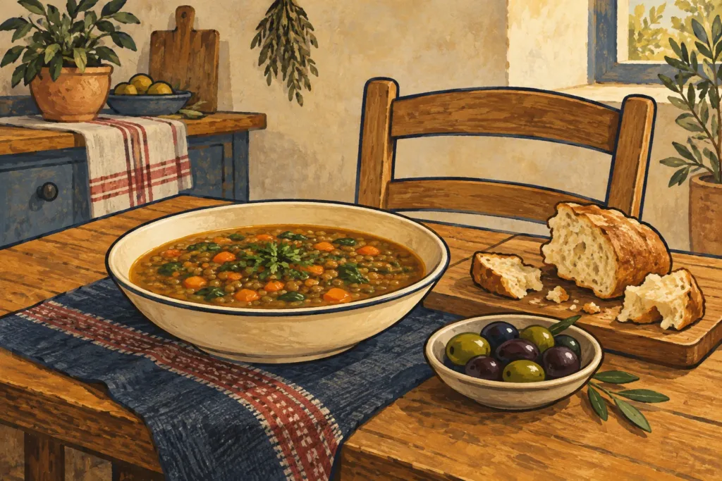 A bowl of lentil and vegetable soup with bread and olives on a wooden kitchen table