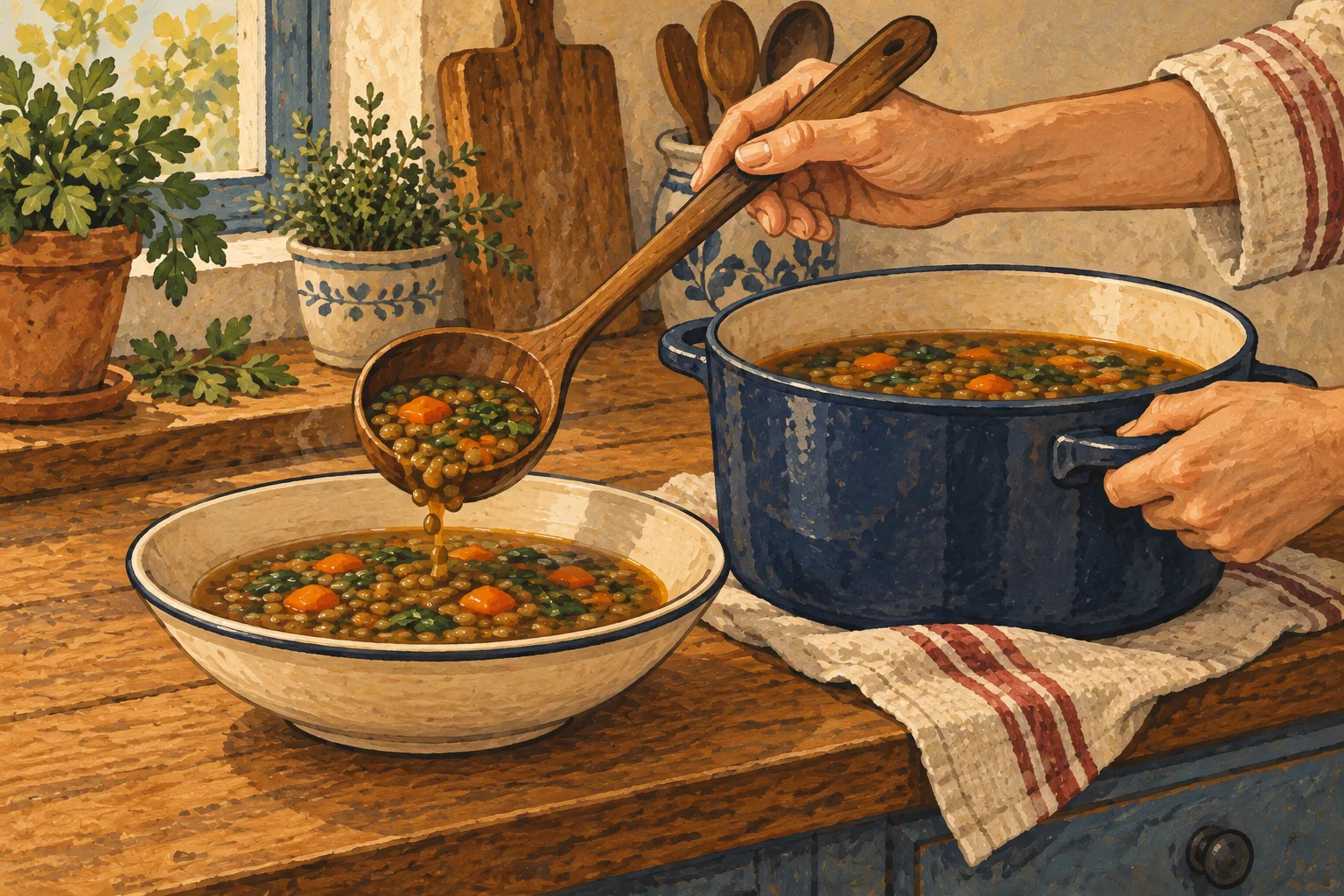 Hands ladle vegetable and lentil soup from a navy cooking pot into a bowl in a warm home kitchen