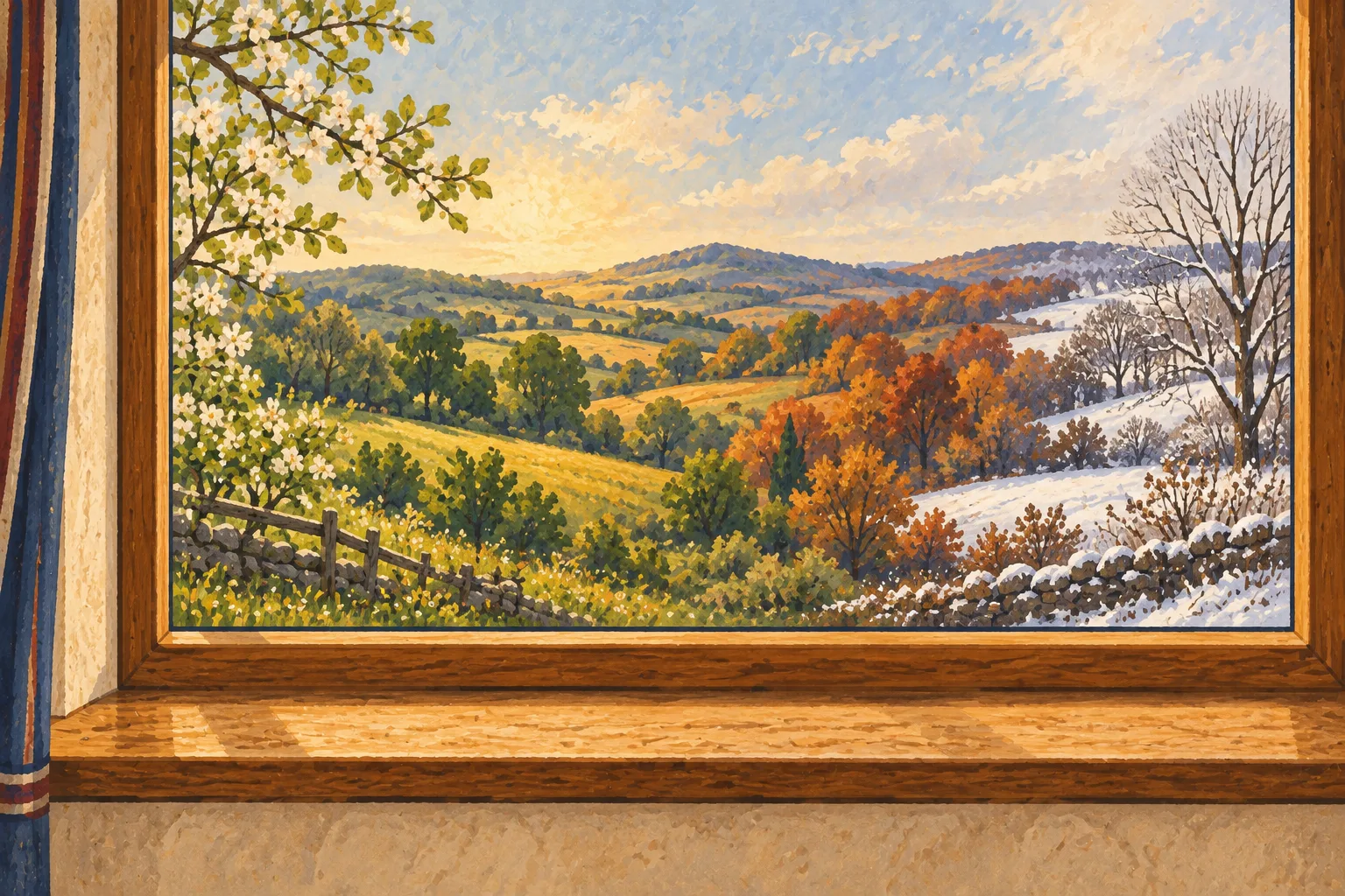 Through a wooden window, one countryside landscape shifts from spring blossom and summer green to autumn leaves and winter snow