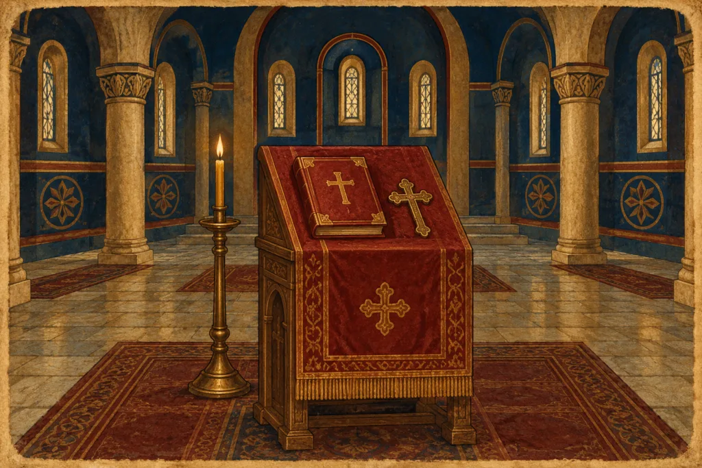An analogion holding the Gospel and a cross, with a candle beside it in an empty church.