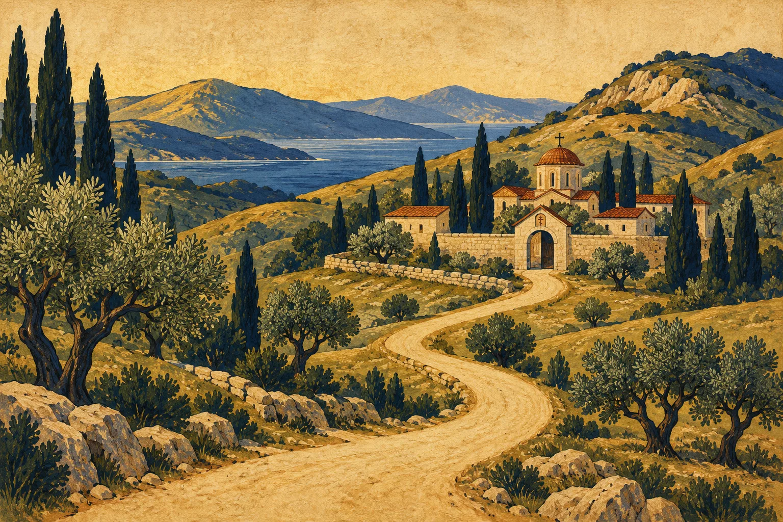 A winding road through olive trees leads to a monastery gate with a cross on its panel.