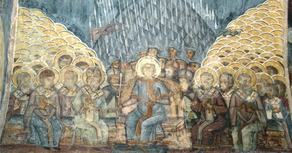 Historic fresco of Emperor Theodosius and the assembled Fathers at the Council of Constantinople, in Stavropoleos Church, Bucharest.