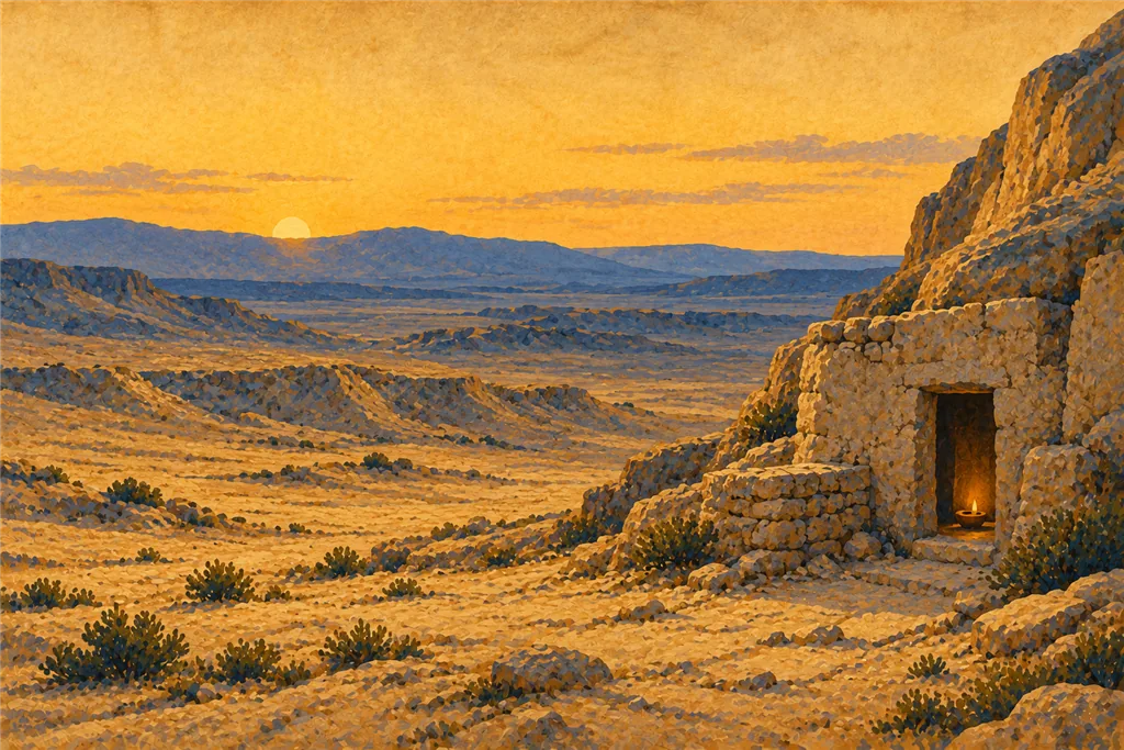 A single oil lamp glows in the doorway of an empty stone cell overlooking the Egyptian desert at dusk.