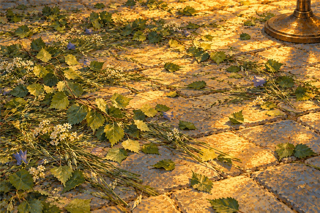 Fresh green leaves, grasses and small flowers scattered across a stone church floor in warm lamplight.