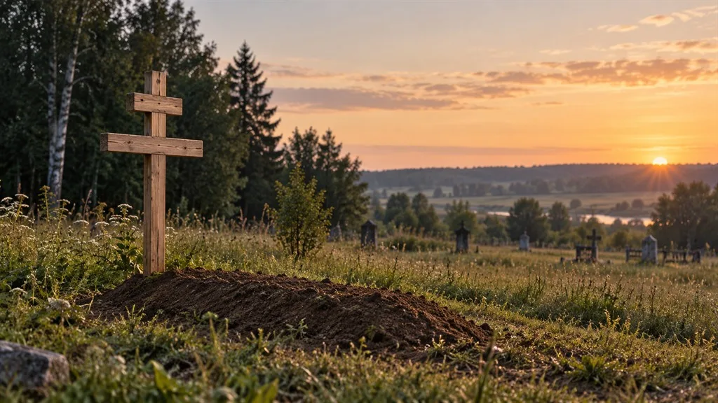 A fresh grave with a wooden cross, facing the rising sun