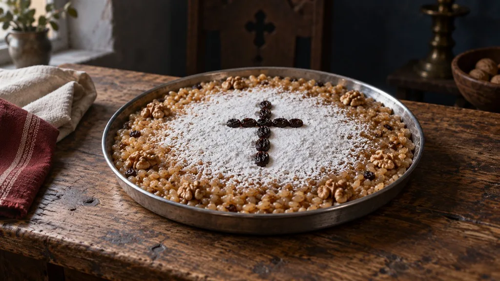 A tray of koliva, the boiled wheat dish made for memorial services, topped with white sugar and a cross