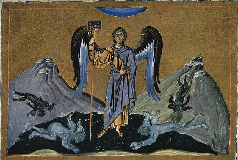 Byzantine miniature: the Archangel Michael holding a staff between rocky hills.