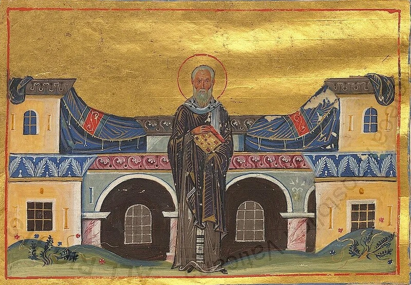 Byzantine miniature: St. John the Merciful standing before an arched building.