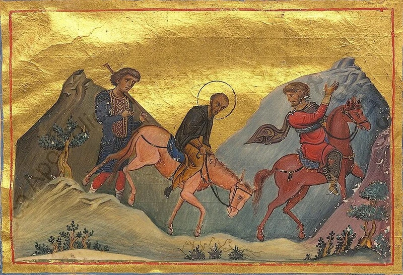 Byzantine miniature: St. John Chrysostom travelling on an animal between two mounted escorts.