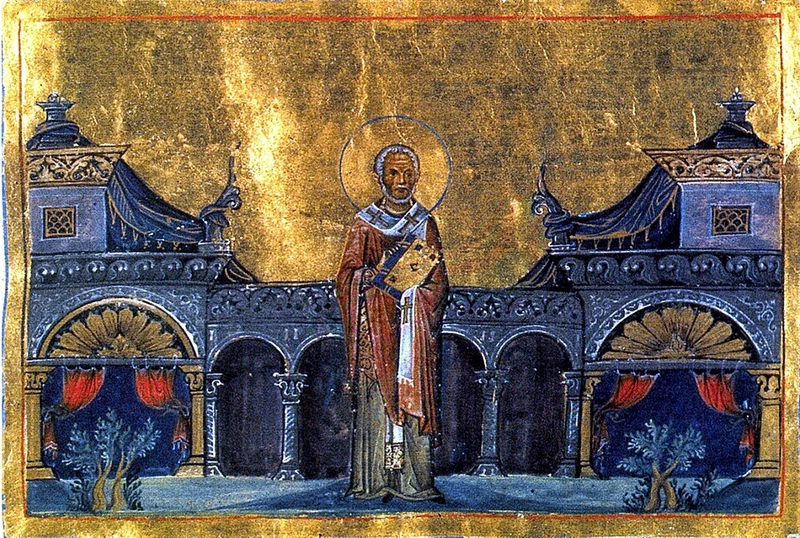 Byzantine miniature: St. Gregory the Wonderworker standing between ornate buildings.