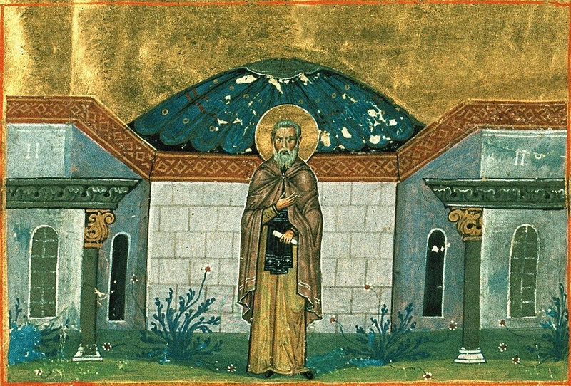 Byzantine miniature: St. Gregory of Decapolis standing in prayer before a domed building.