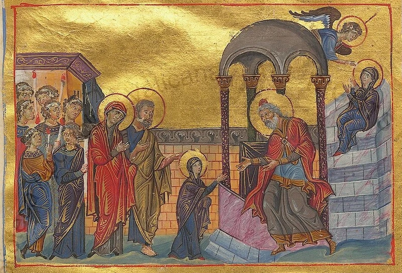 Byzantine miniature: the young Theotokos approaching a priest at the Temple, accompanied by her family and attendants.