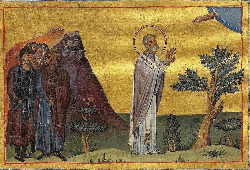 Byzantine miniature: St. Gregory of Agrigentum praying with a group standing behind him.