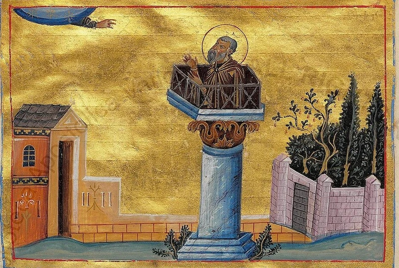 Byzantine miniature: St. Alypius praying from a platform atop a column.