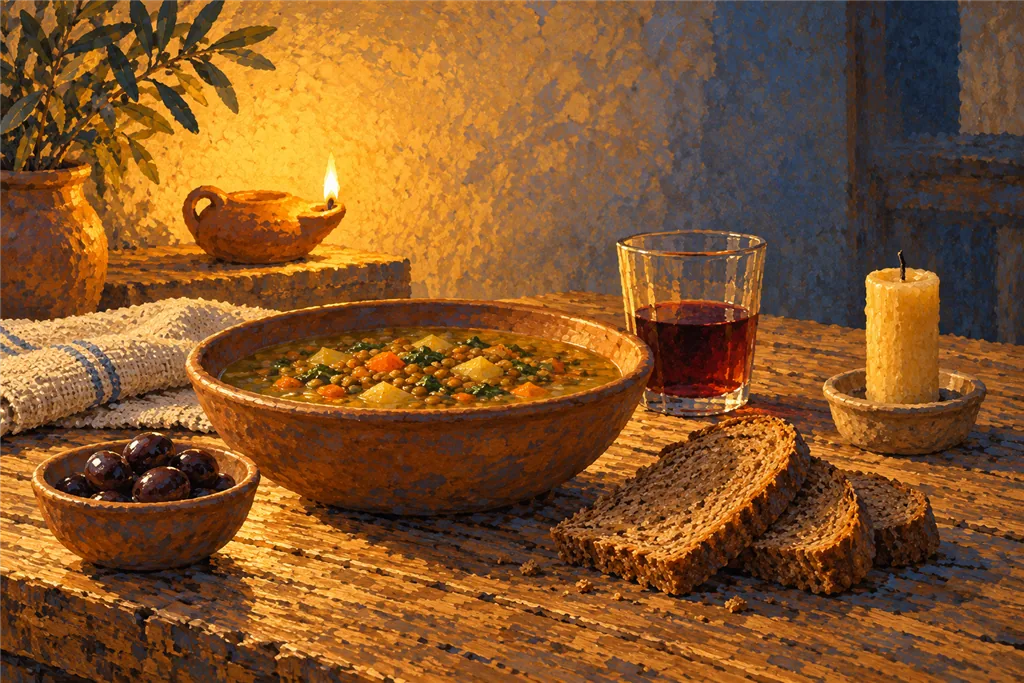 Lentil soup, dark bread, olives and a small glass of wine on a lamplit table beside an unlit candle.