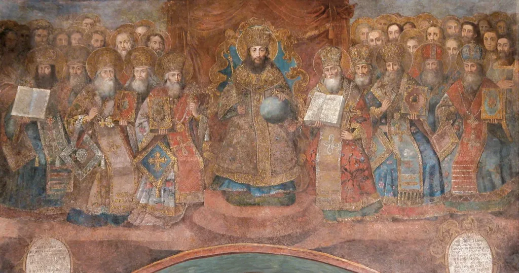 Iconographic fresco of Constantine and the Fathers at the First Council of Nicaea, St. Sophia Cathedral, Kyiv, 1700.