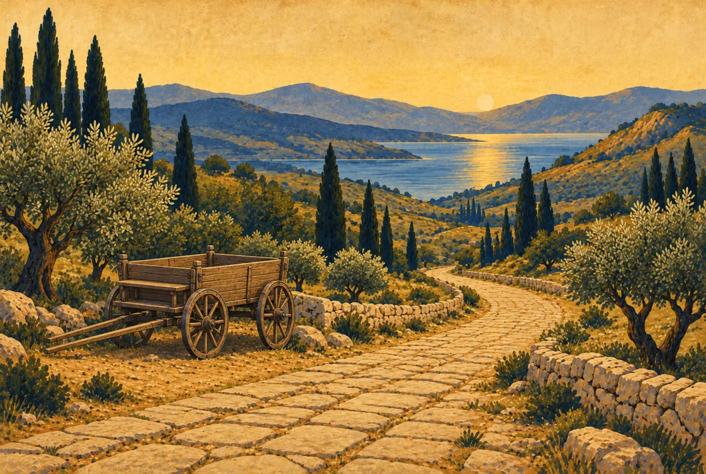 An empty wooden wagon beside an ancient stone road, with cypress trees and a lake in the dawn light.