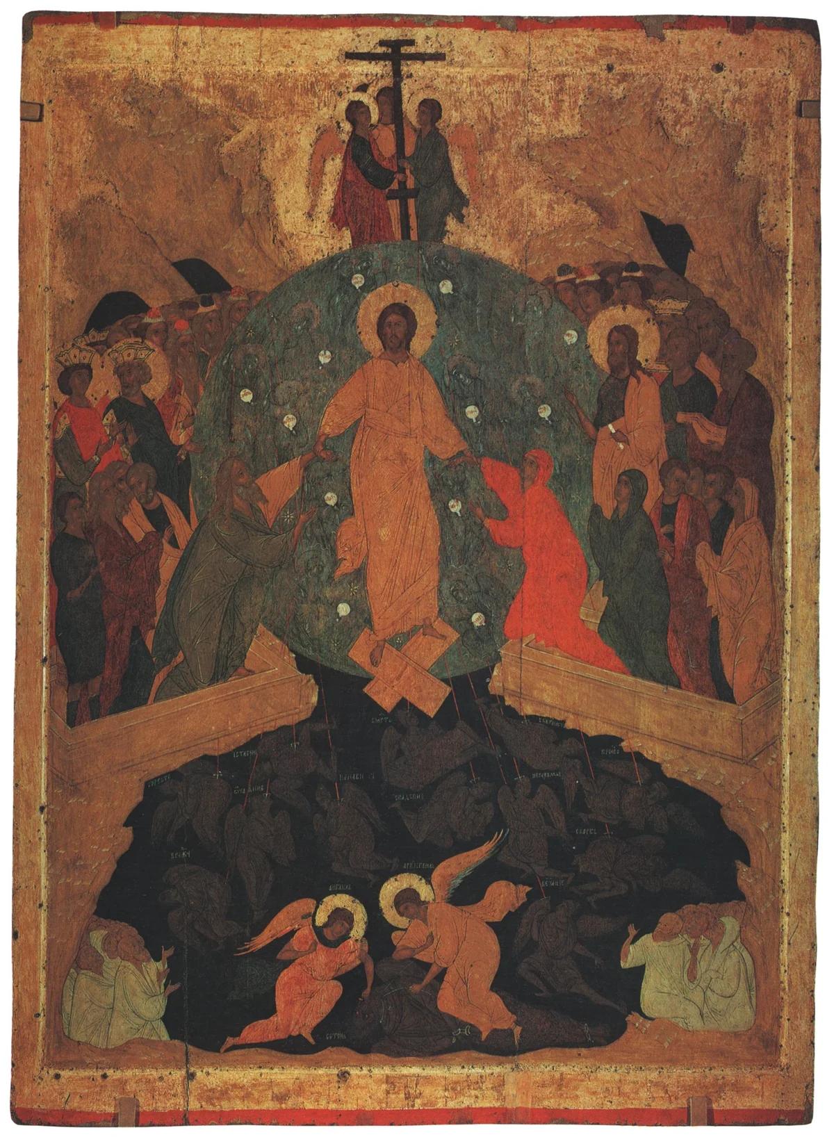 Icon of the Resurrection: Christ in glory, standing on the broken gates of Hades, takes Adam and Eve by the hand and raises them from their tombs, with the righteous gathered on either side.