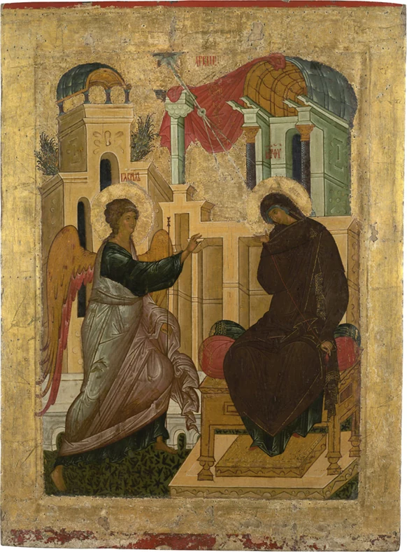 Icon of the Annunciation: the Archangel Gabriel greets the Virgin Mary. From the Kirillo-Belozersky Monastery, Russia, 15th century