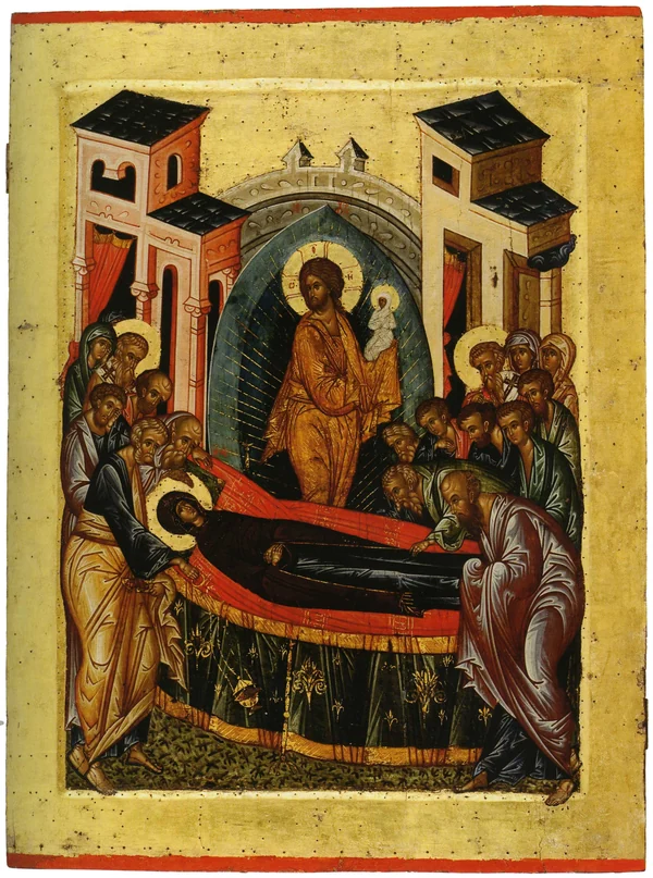 Icon of the Dormition: Christ receives the soul of the Mother of God as the apostles gather, Kirillo-Belozersky iconostasis, 1497