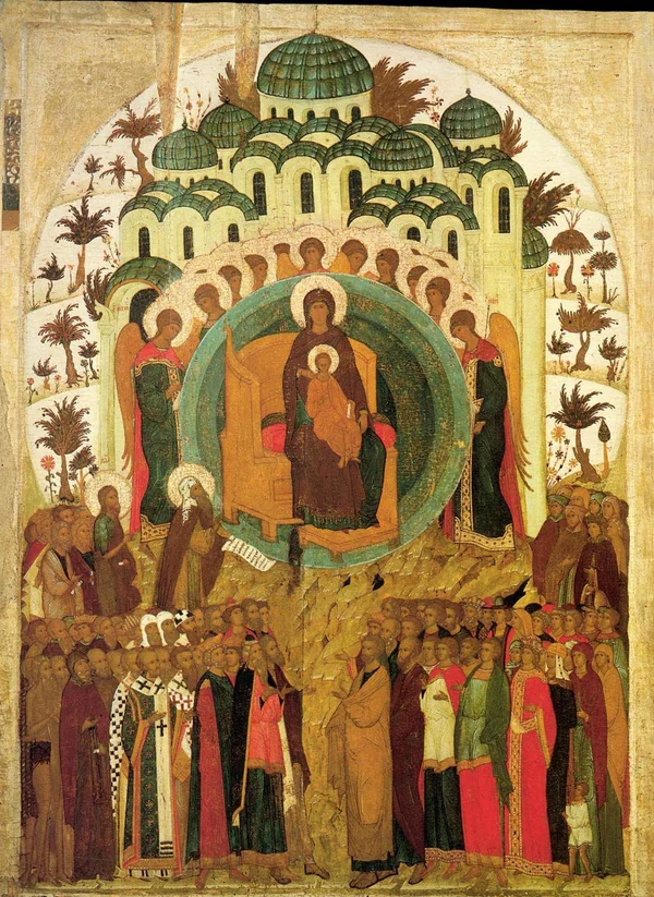 Icon In Thee Rejoiceth: the Mother of God enthroned among the angels and all creation, circle of Dionisius, 16th century