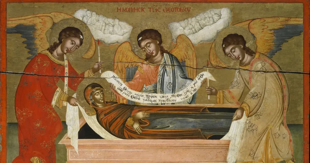Icon of the Dormition (falling asleep) of the Mother of God, with angels at her funeral bed, Corfu, 17th century