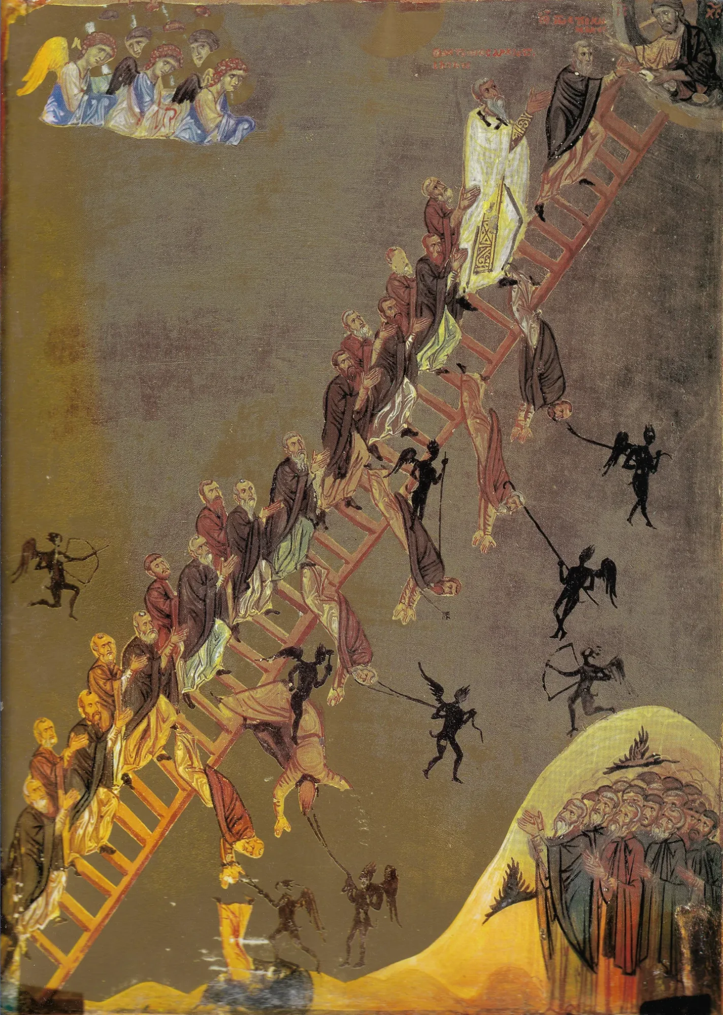 Icon of the Ladder of Divine Ascent: monks climb toward Christ while St. John Climacus leads the way, Sinai, 12th century