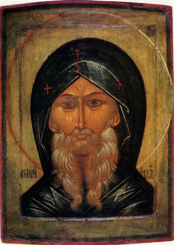 Icon of St. Anthony the Great, father of monks, in a dark monastic hood, Russian, mid-16th century