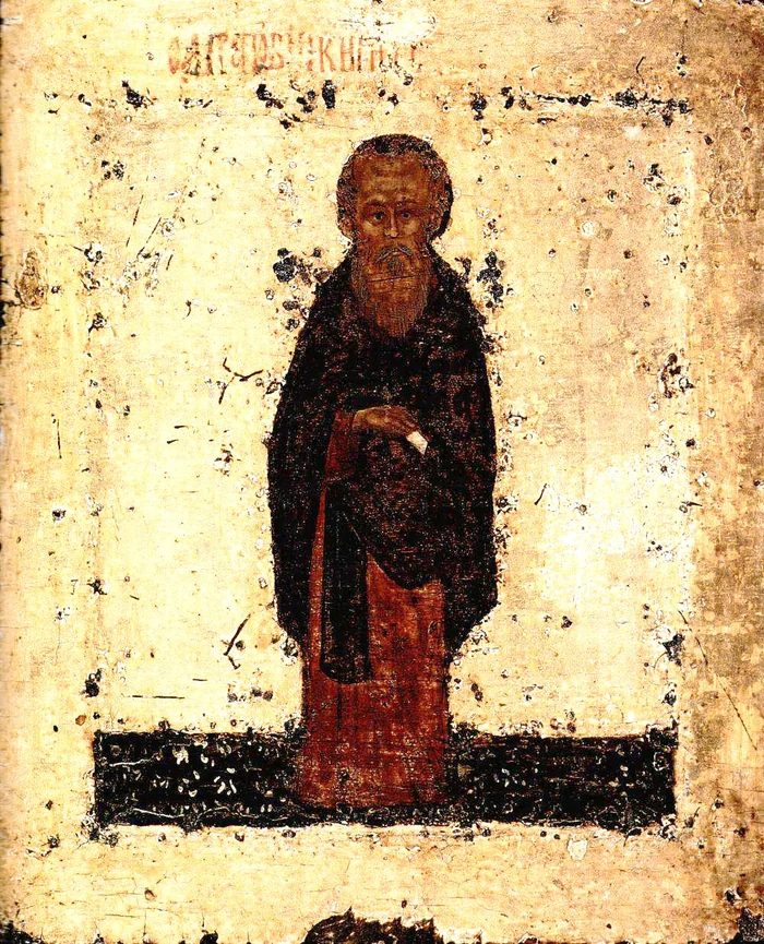 Icon of St. Cyril of White Lake standing in monastic habit and holding a scroll, attributed to Dionisy Glushitsky, 15th century