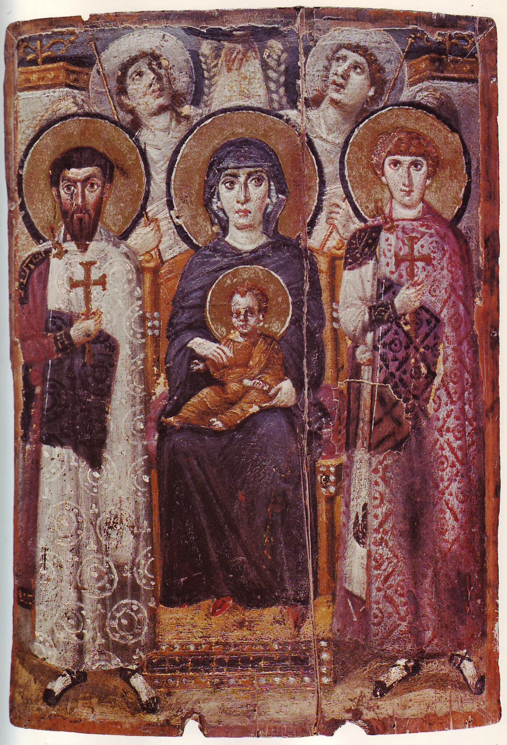 Icon of the Virgin and Child enthroned between Saints Theodore and George, with two angels, Sinai, 6th century
