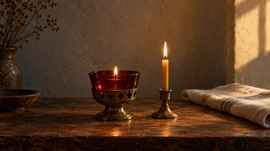 A red oil lamp and a candle burning on a wooden table beside a folded cloth