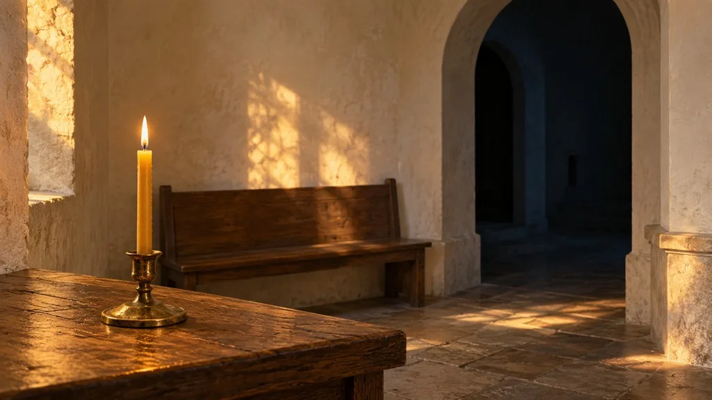 A single candle on a table in a quiet, sunlit room with an empty bench